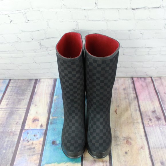 LL Bean Wellie Black Checkerboard Knee High Rain Boots Size 9 M - Picture 6 of 10